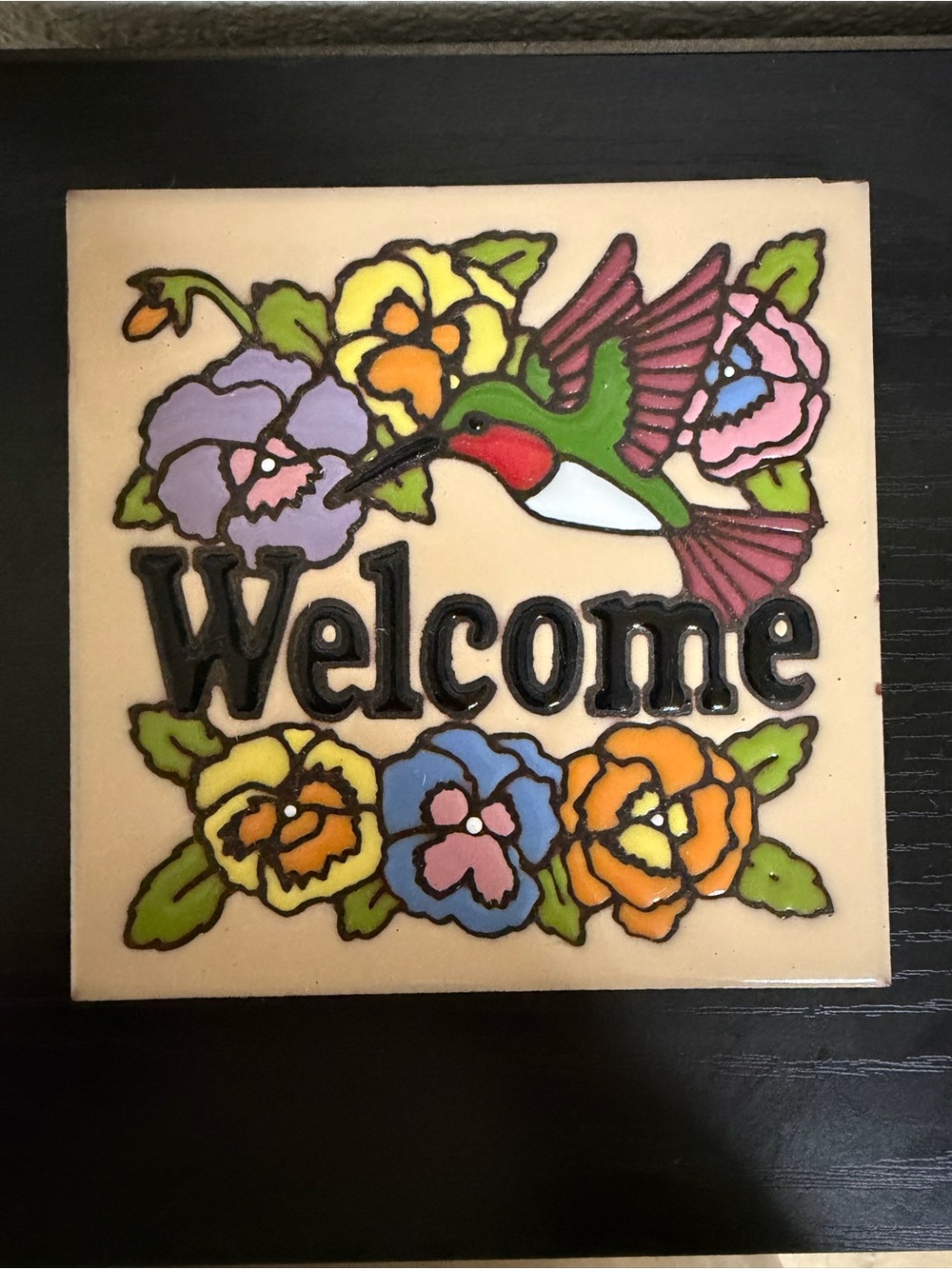Vintage 2006 Earthtones Hummingbird Welcome Tile Trivet 6x6 Tucson AZ Art 4226A